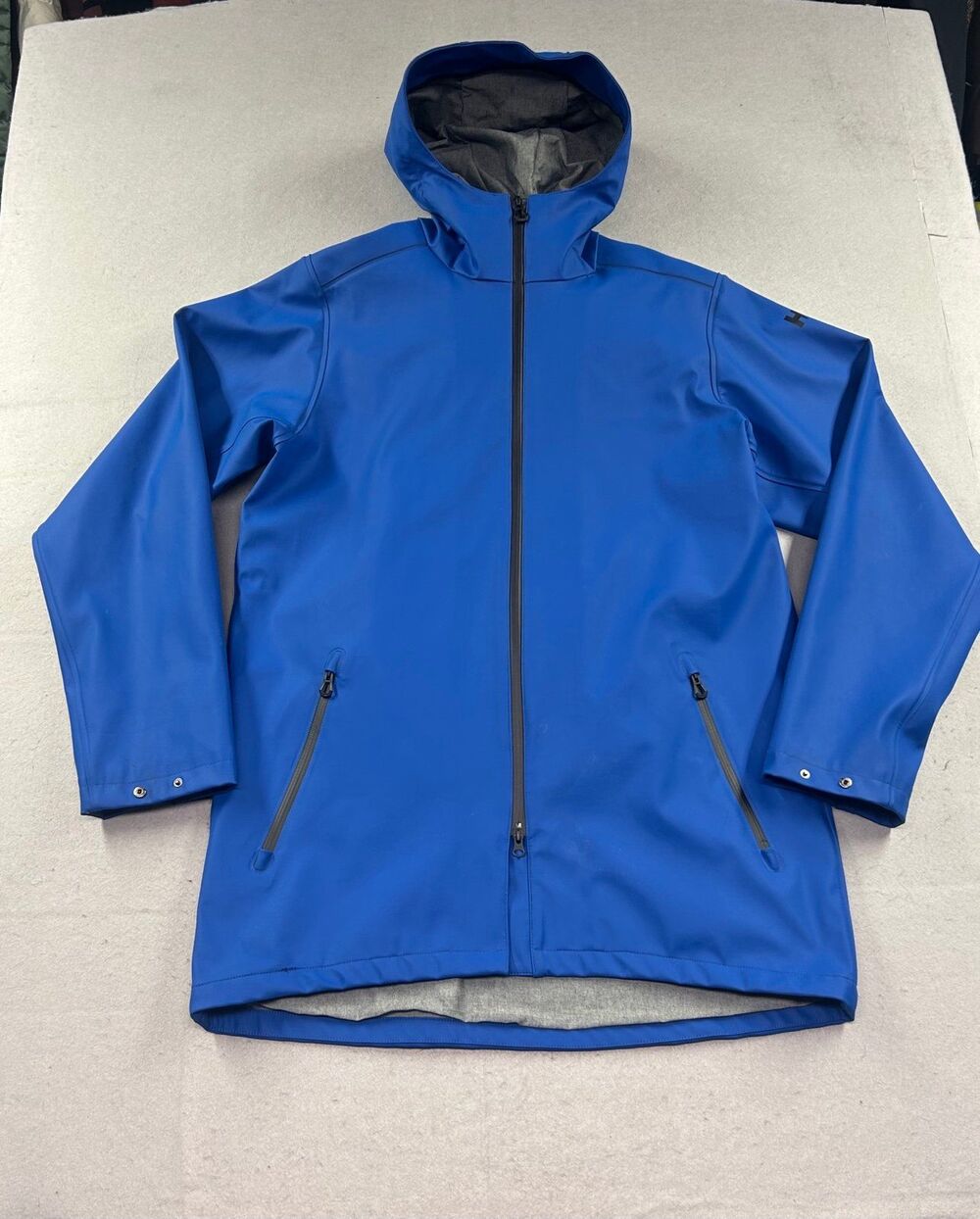 Helly Hansen Blue Hooded Long Rain Jacket Zipper Pockets XL